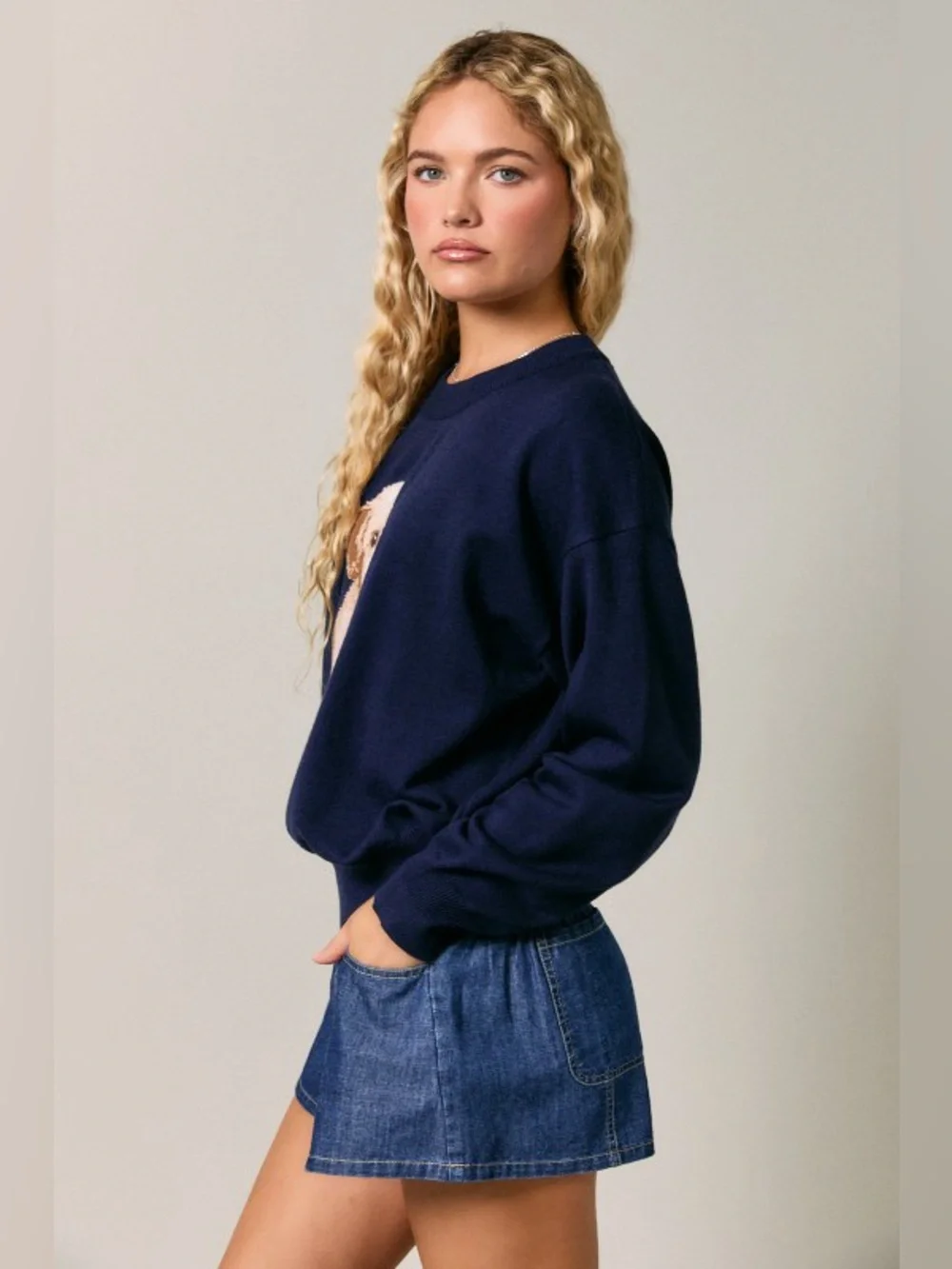 NWT Le Lis Navy Goldendoodle Dog Crew Neck Sweater Small